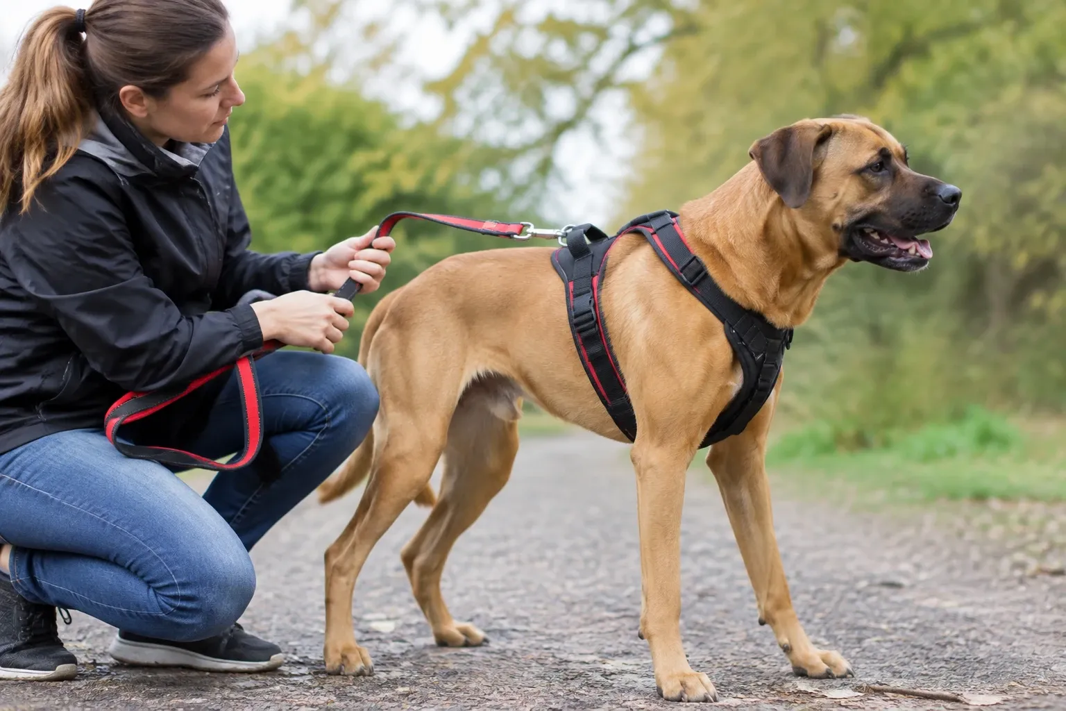 Frau hält rote Leine, großer Hund trägt schwarzes Anti-Zug Geschirr im Park