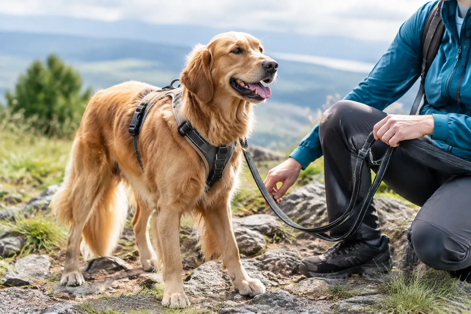 Golden Retriever trägt schwarzes Hundegeschirr, Besitzer hält Leine beim Bergwandern