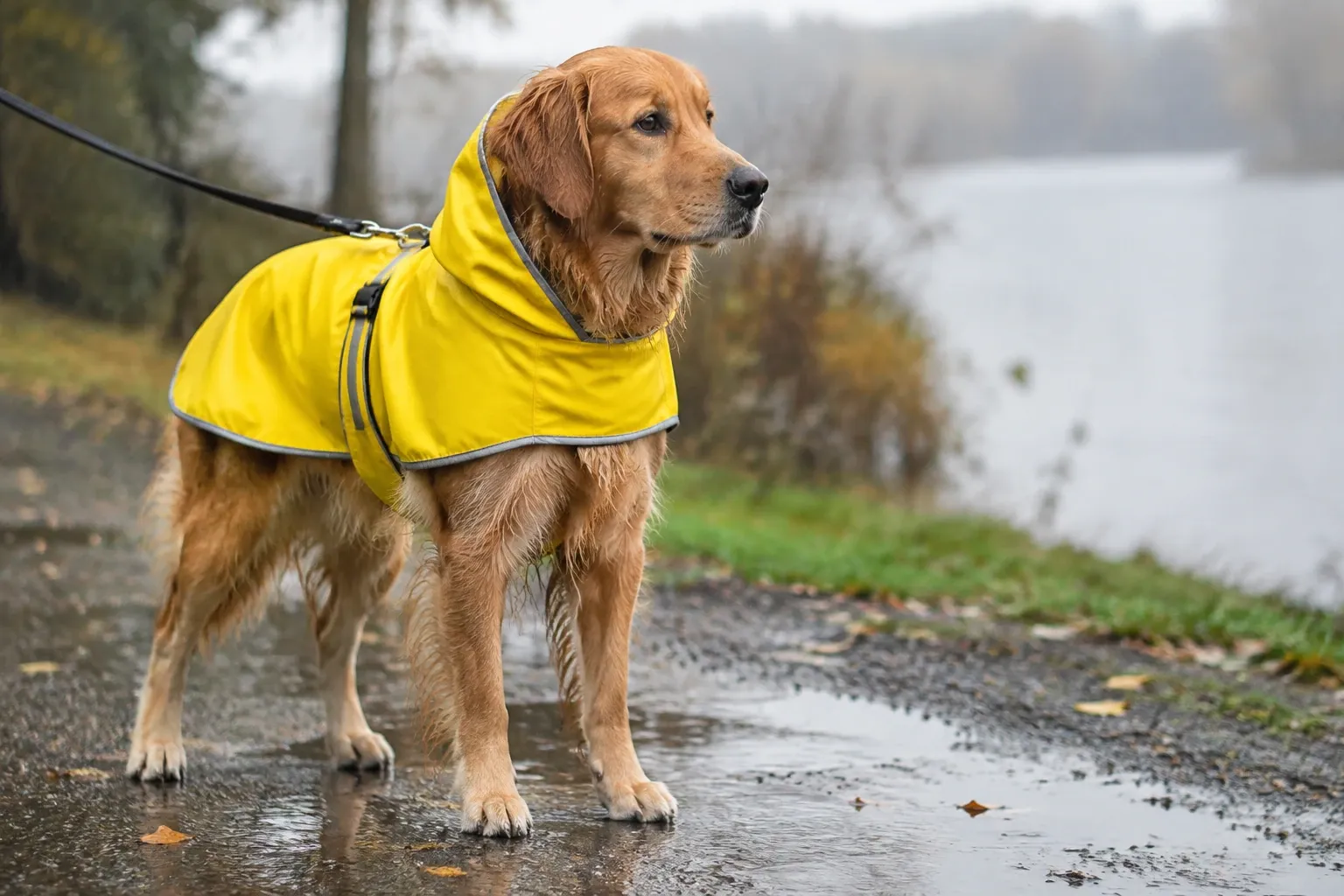 Golden Retriever steht am nassen Weg am See und trägt gelben Regenmantel