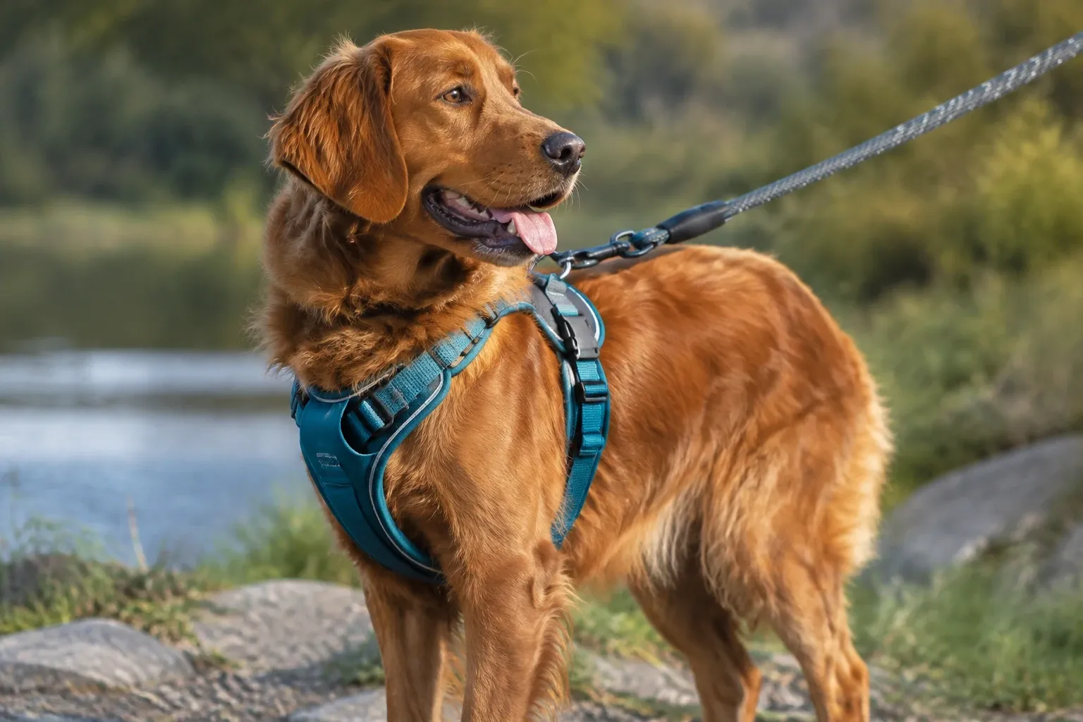 Goldener Hund trägt teal gepolstertes Hundegeschirr und Leine am Seeufer, Zunge raus