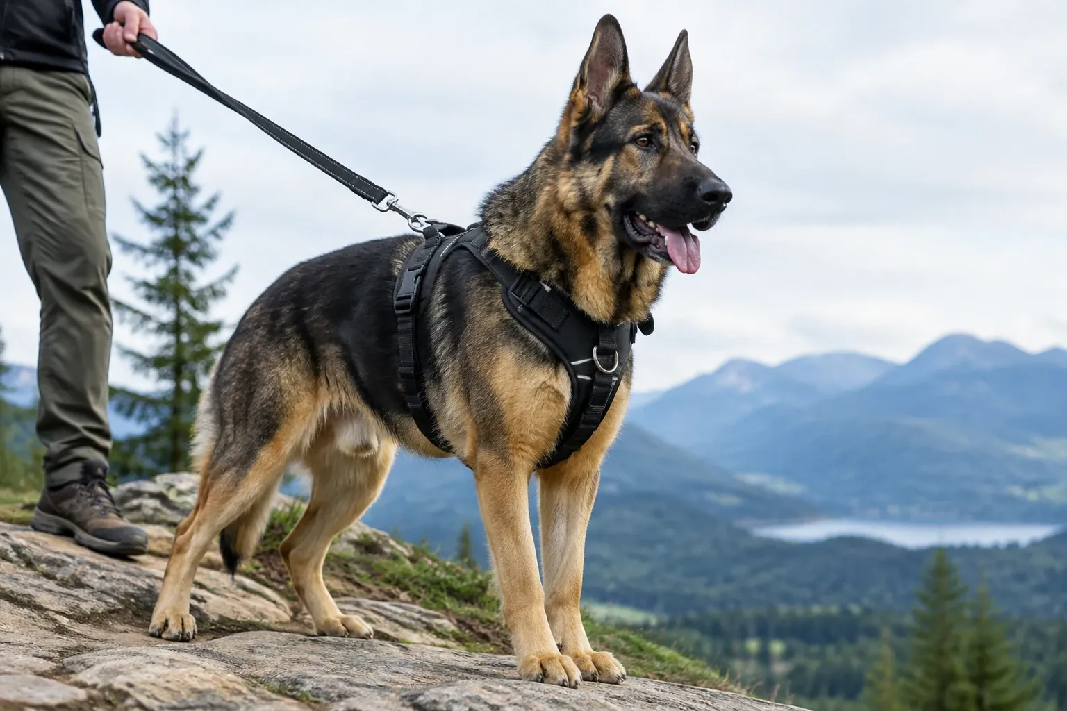 Großer Deutscher Schäferhund in robustem Hundegeschirr auf Bergpfad, Besitzer hält Leine