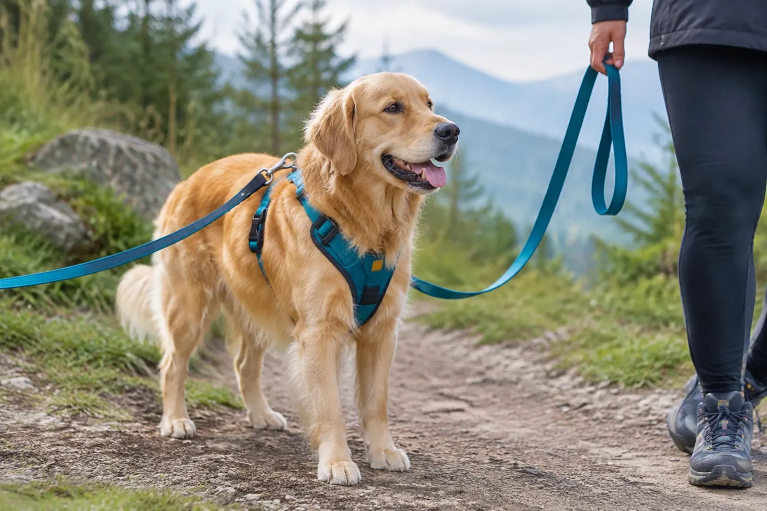 Goldener Hund mit blauem Brustgeschirr und Leine, Person hält Leinenende beim Wandern
