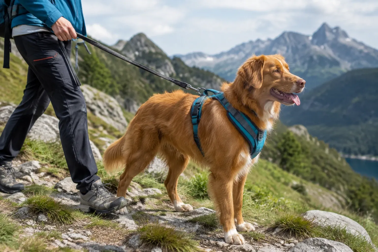 Wanderer führt Hund mit blauem Hundegeschirr auf Bergpfad, See und Berge sichtbar