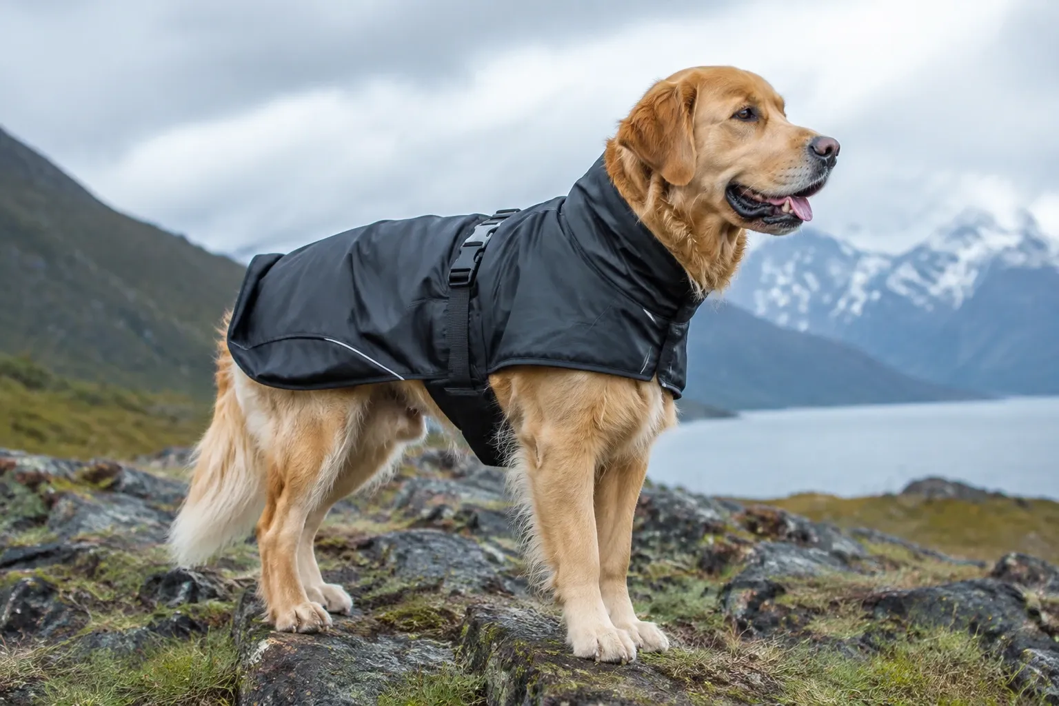Großer Golden Retriever trägt schwarze Hundejacke auf felsiger Küste mit Bergsee Hintergrund