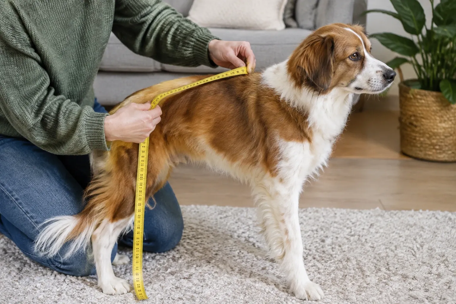 Person misst mit Maßband Rücken- und Rückenlänge eines braunweißen Hundes im Wohnzimmer