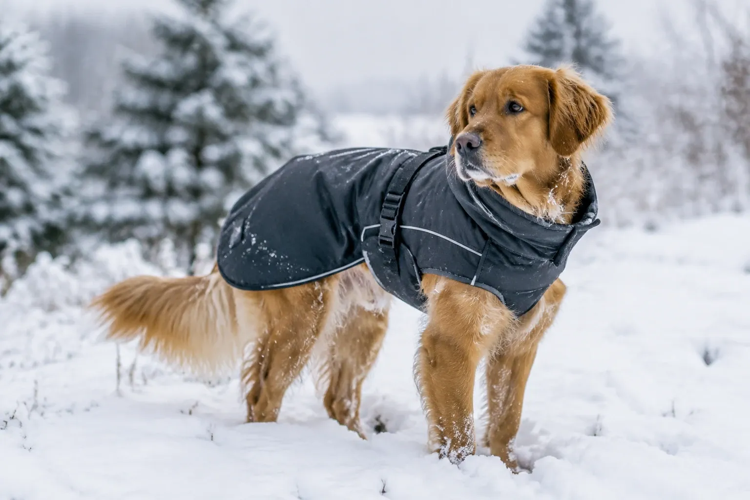 Goldener Hund trägt einen dunklen Regenmantel und steht im Wald