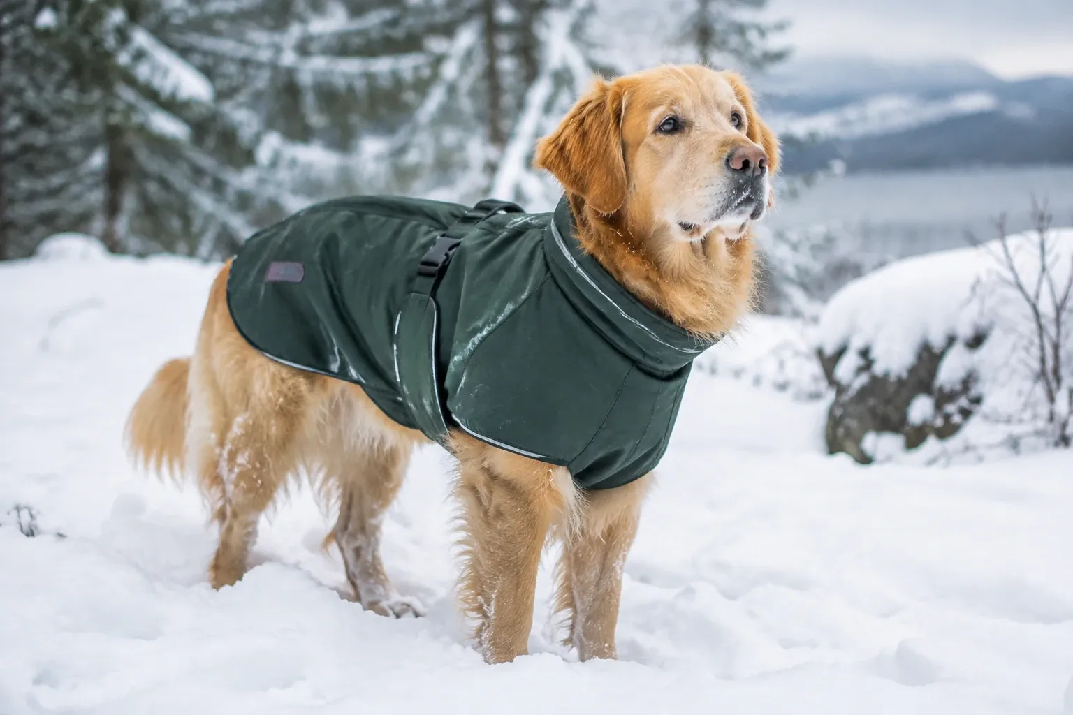 Goldener Retriever trägt grünen Hundemantel im verschneiten Wald, Blick in die Ferne