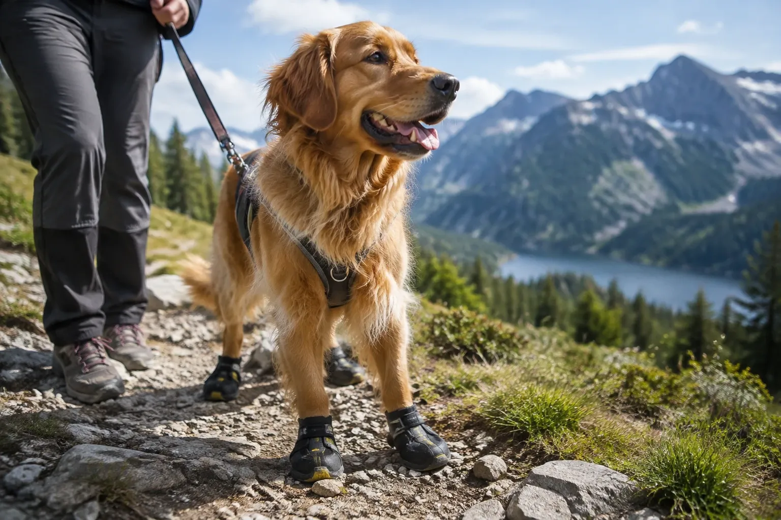 Golden Retriever mit Hundeschuhen an Leine auf Bergpfad vor See und Gipfeln