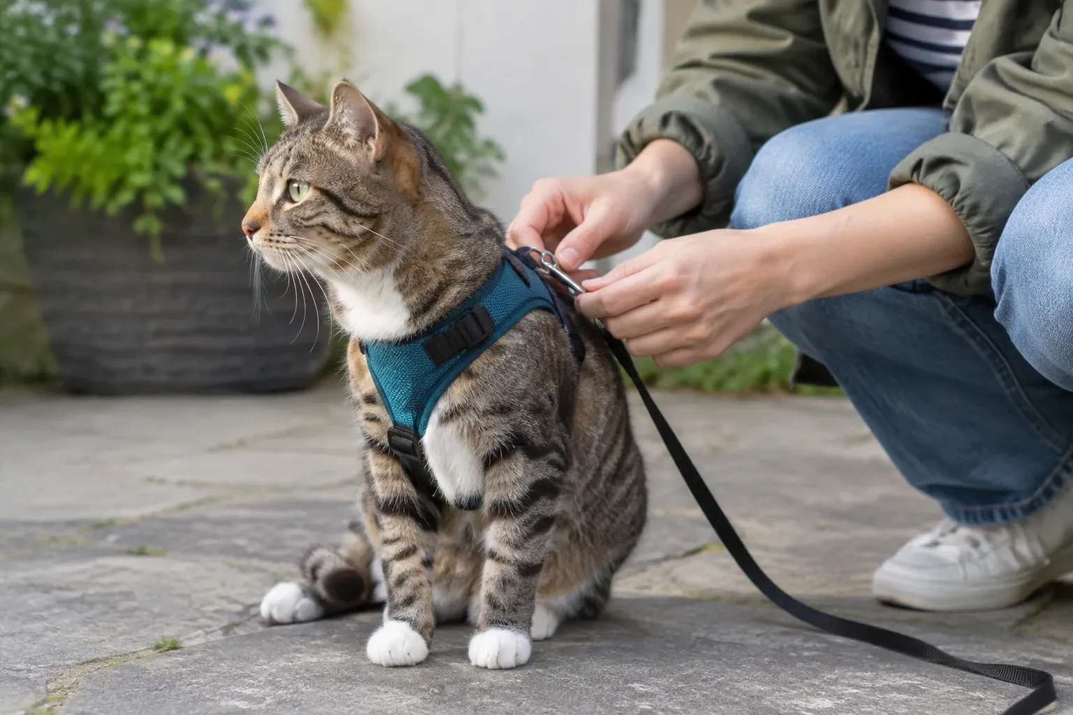 Getigerte Katze sitzt draußen, Person befestigt blaues Katzengeschirr und Leine