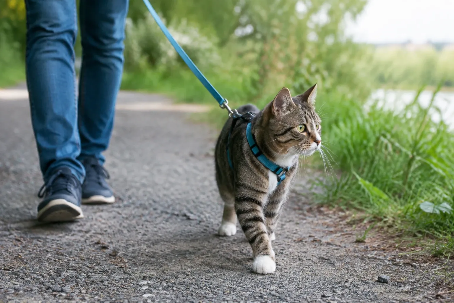 Gestreifte Katze an blauem Geschirr läuft an Leine neben Person auf Weg