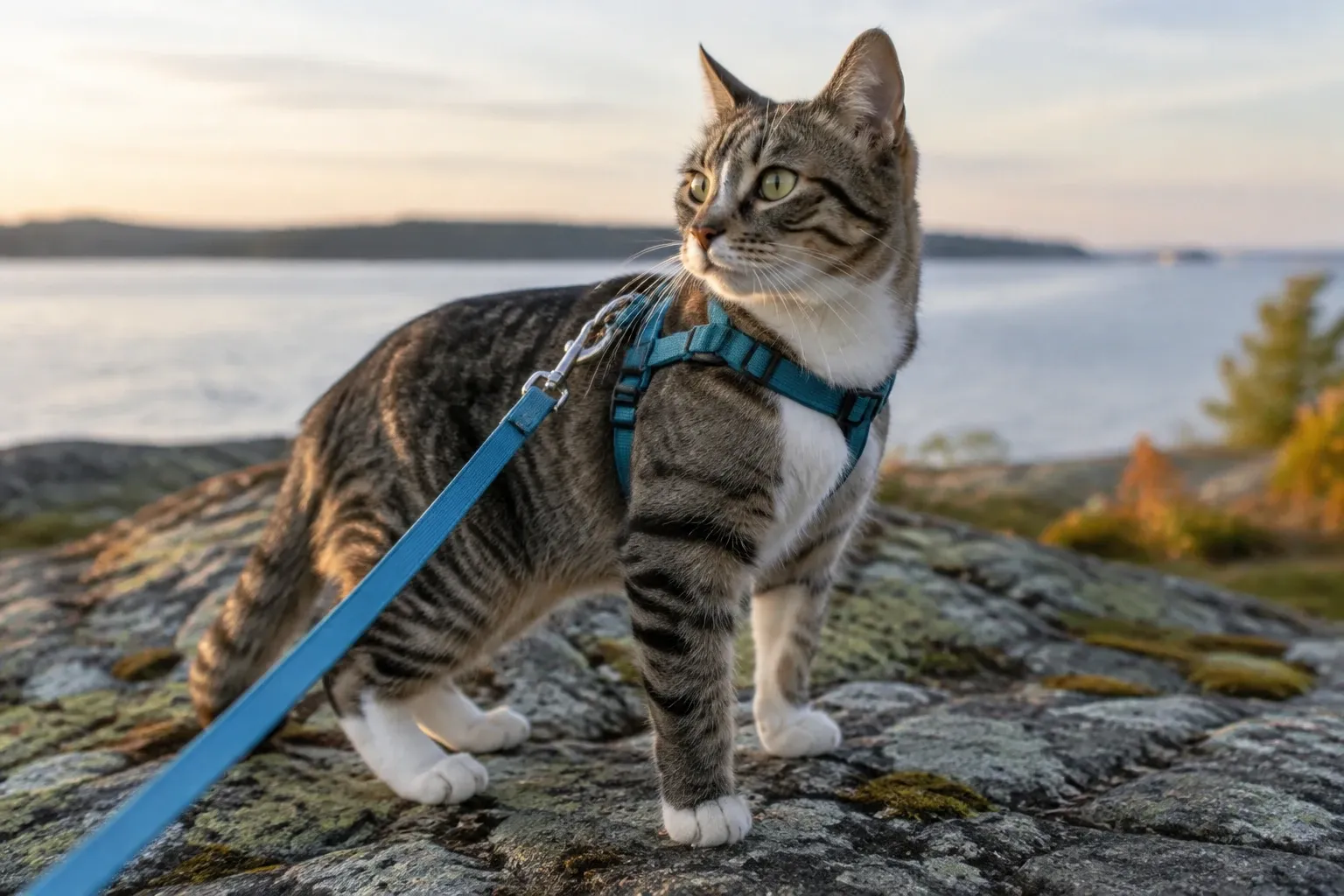 Getigerte Katze mit blauem Geschirr und Leine auf Felsen, Blick zum Wasser bei Sonnenuntergang