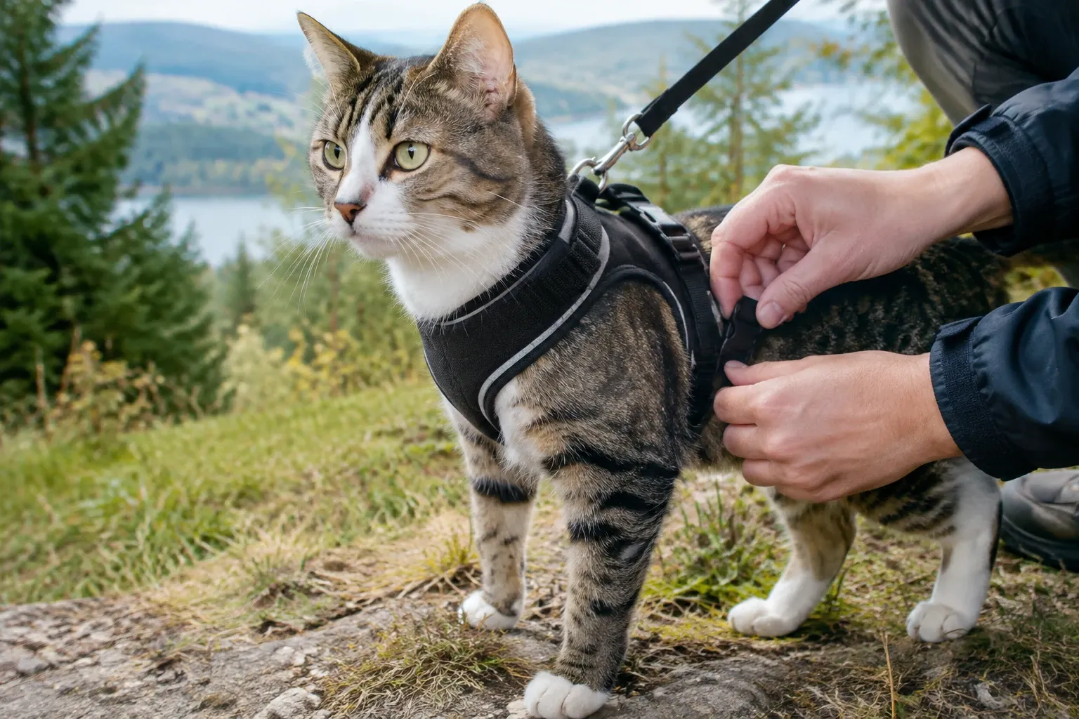 Tabby-Katze trägt ausbruchsicheres Geschirr, Person befestigt Leine draußen am See