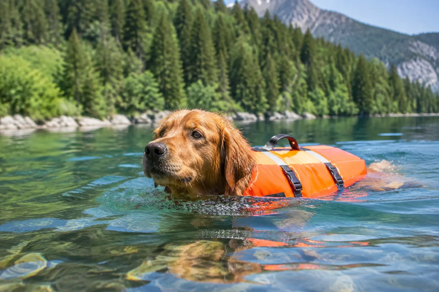 Goldener Hund schwimmt im See mit orangefarbener Schwimmweste, Bergwald im Hintergrund