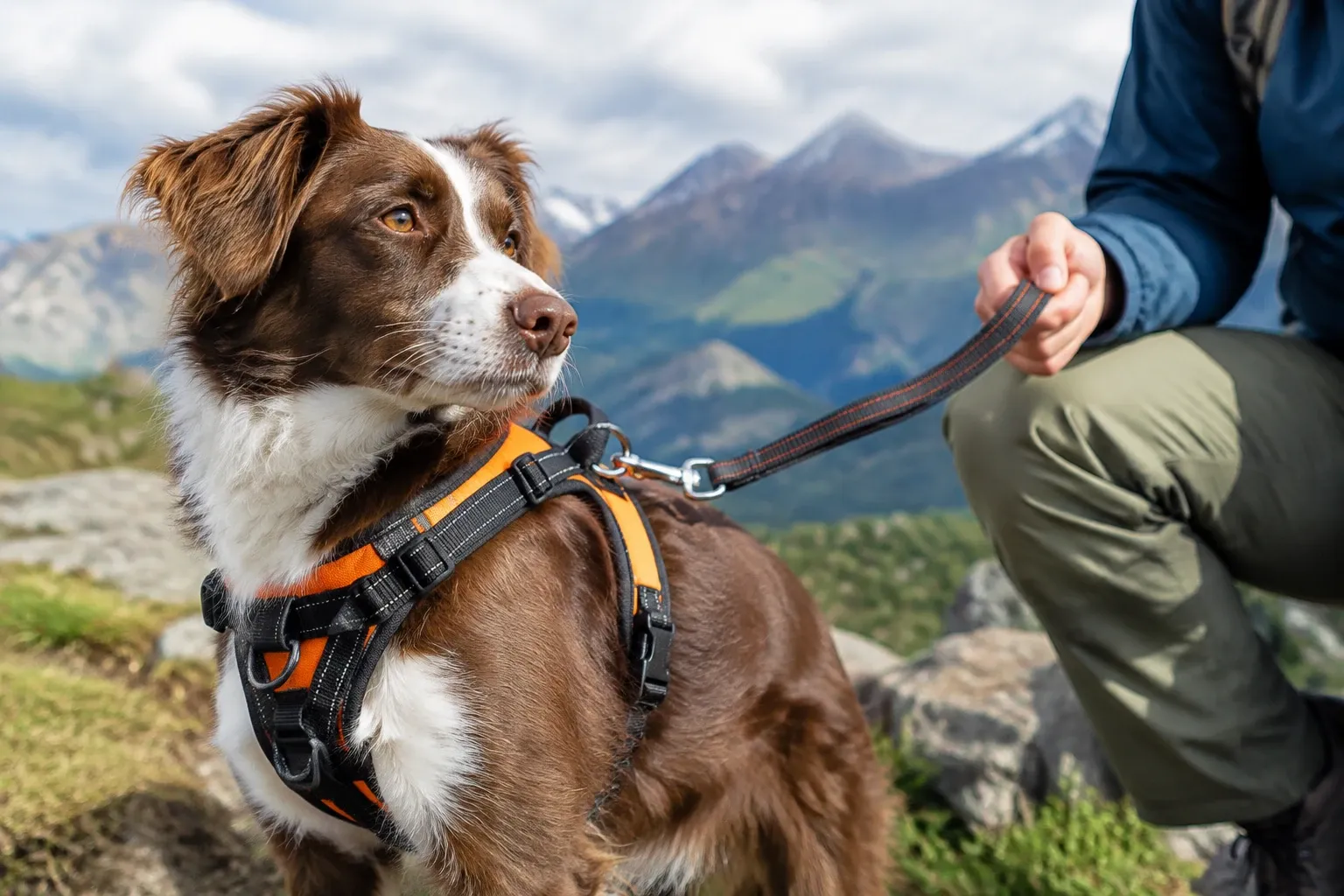 Brauner Hund mit orange-schwarzem Sicherheitsgeschirr auf Bergwanderung, Halter zieht Leine