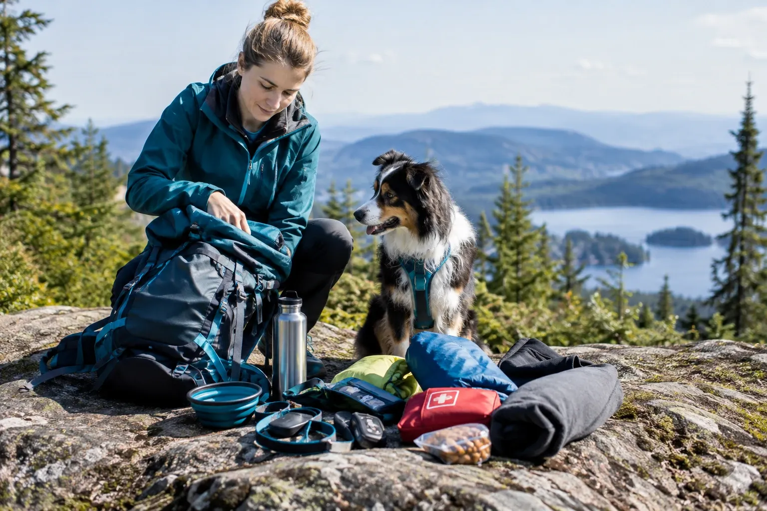 Frau auf Fels mit Hund, Rucksack, Trinkflasche, Hundefutterbehälter und Wandergear