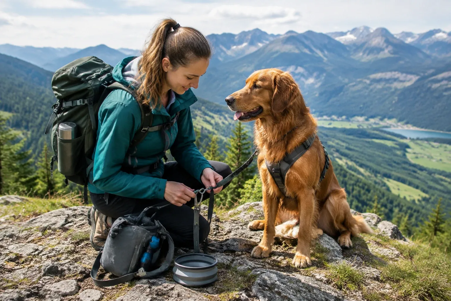 Wanderin mit Rucksack befestigt Leine an goldenem Retriever auf Berggipfel