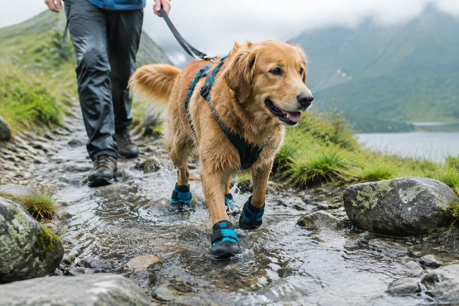 Golden Retriever mit wasserdichten Hundeschuhen und Geschirr wandert auf nassem Pfad