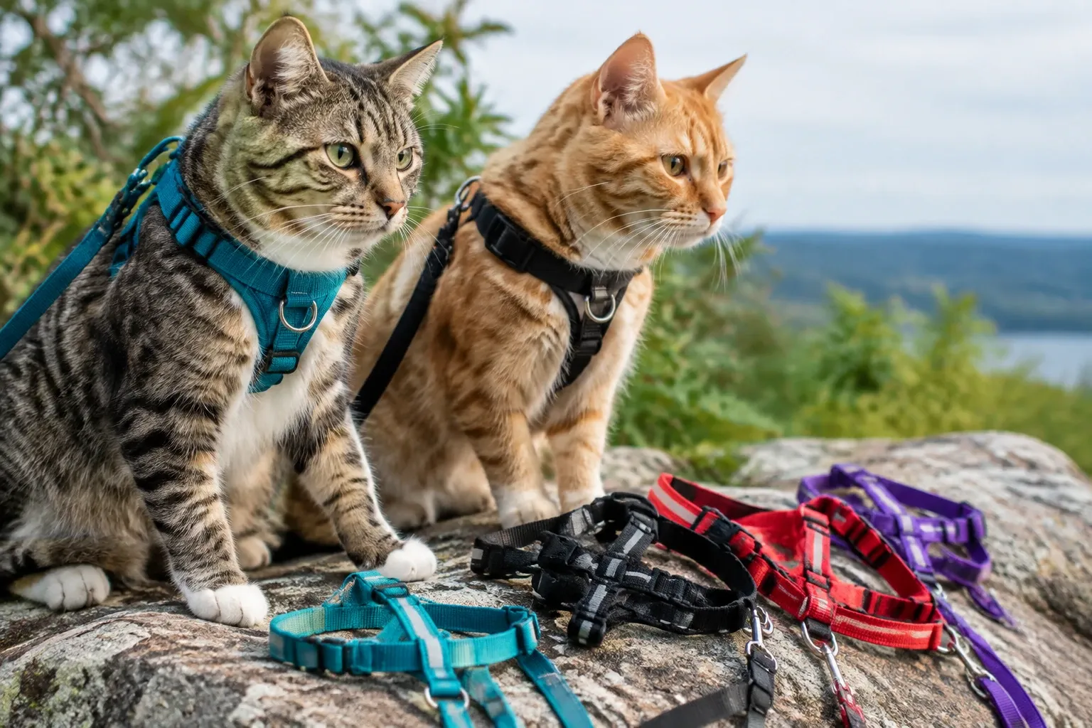 Zwei Katzen sitzen auf Felsen, tragen blaue und schwarze Katzengeschirre, mehrere Geschirre liegen daneben